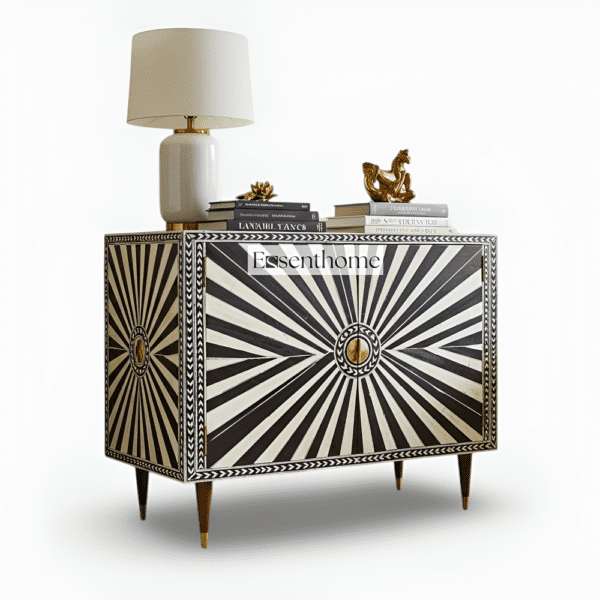 Bone Inlay Illusion Pattern Two Door Brass Metal Leg Cabinet - Image 2