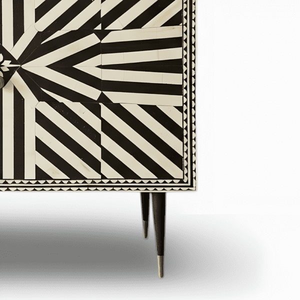 Bone Inlay Zizzak Geometric Pattern Two Door Brass Metal Leg Cabinet - Image 4