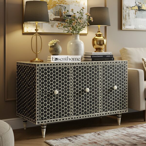 Bone Inlay Honeycomb Pattern  Black and White Three Door Cabinet