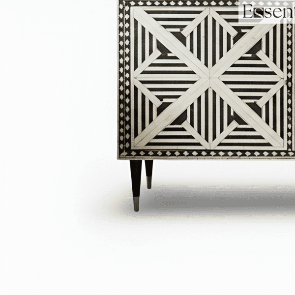 Geometric Pattern Bone Inlay Black and White Four Door Cabinet - Image 5