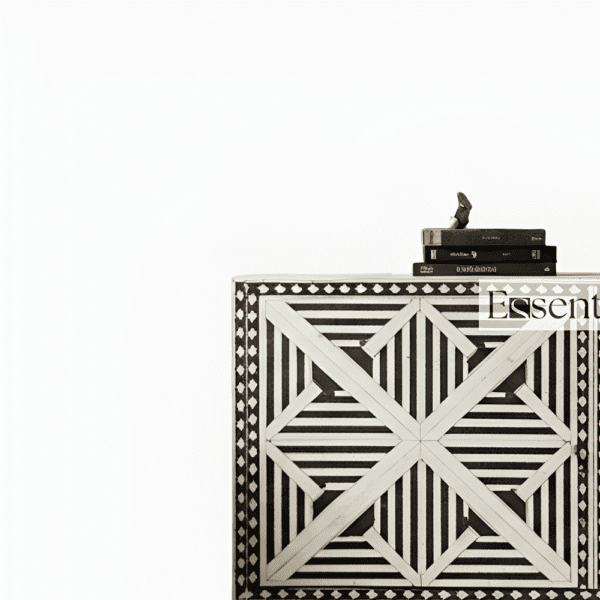 Geometric Pattern Bone Inlay Black and White Four Door Cabinet - Image 4