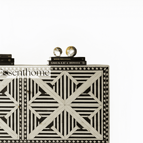 Geometric Pattern Bone Inlay Black and White Four Door Cabinet - Image 3