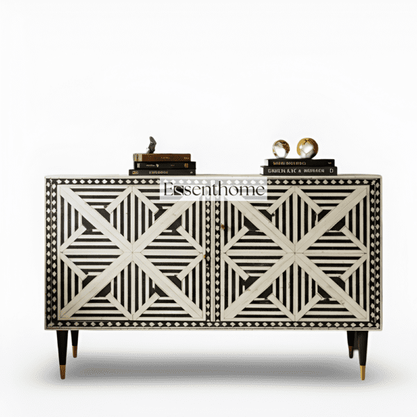 Geometric Pattern Bone Inlay Black and White Four Door Cabinet - Image 2