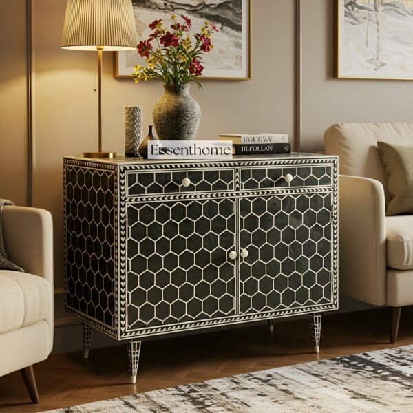 Black & White Honeycomb Two Drawer Two Door Bone Inlay Sideboard