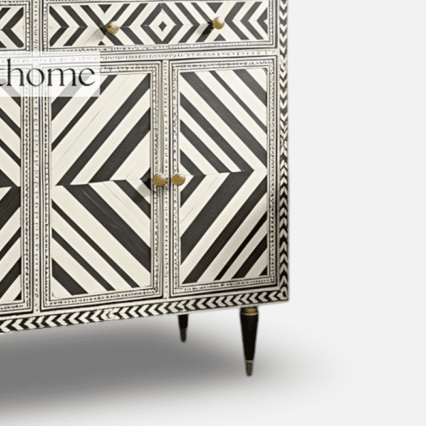 Bone Inlay Geometric Pattern Black and White Two Door and Two Drawer Cabinet - Image 3