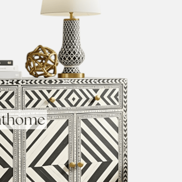 Bone Inlay Geometric Pattern Black and White Two Door and Two Drawer Cabinet - Image 4