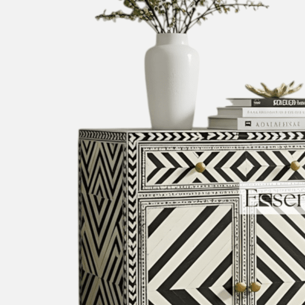 Bone Inlay Geometric Pattern Black and White Two Door and Two Drawer Cabinet - Image 5