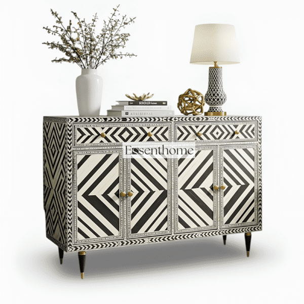 Bone Inlay Geometric Pattern Black and White Two Door and Two Drawer Cabinet - Image 2