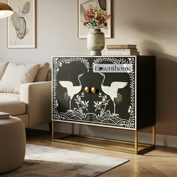 Bone Inlay Feather Pattern Two Door Brass Metal Leg Cabinet