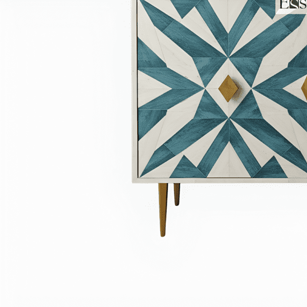 Teal and White Geometric Bone Inlay Sideboard - Image 3