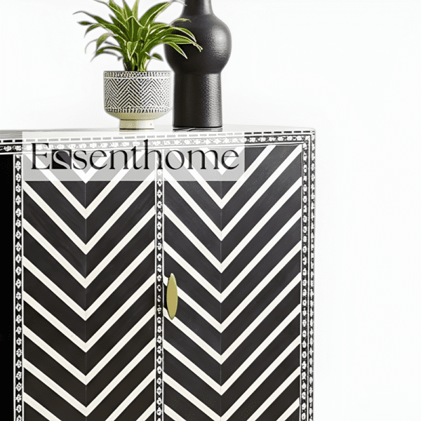 ZikZak Pattern Bone Inlay Black and White Three Door Cabinet - Image 3