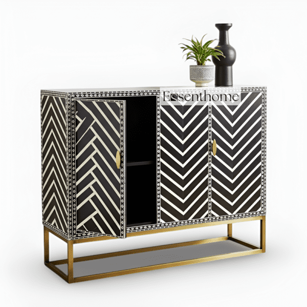 ZikZak Pattern Bone Inlay Black and White Three Door Cabinet - Image 2