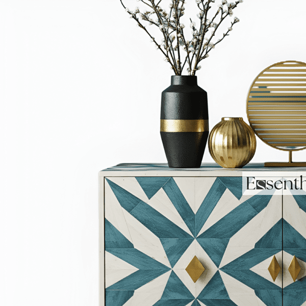 Teal and White Geometric Bone Inlay Sideboard - Image 4
