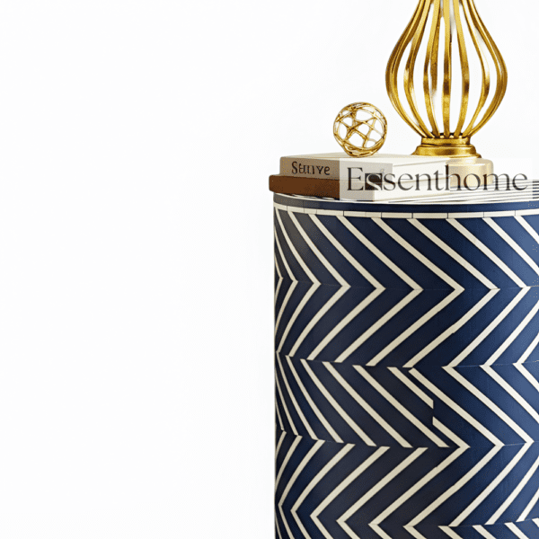 Navy Blue & White Chevron Bone Inlay End Table - Image 4