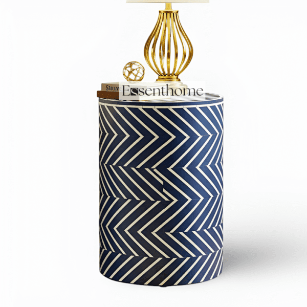 Navy Blue & White Chevron Bone Inlay End Table - Image 2