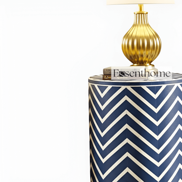 Bone Inlay End Table Navy Blue & White Chevron - Image 4