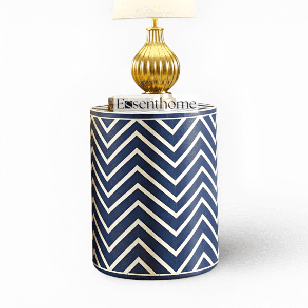 Bone Inlay End Table Navy Blue & White Chevron - Image 2