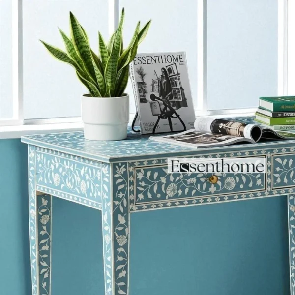 Blue Bone Inlay Console – Floral Botanical Design - Image 4