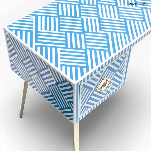 Blue Bone Inlay Desk – Optical Pattern with Brass Legs - Image 5