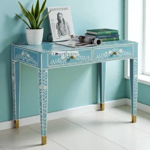 Blue Bone Inlay Console Table with White Leaf & Floral Pattern