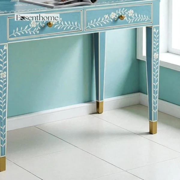 Blue Bone Inlay Console Table with White Leaf & Floral Pattern - Image 2