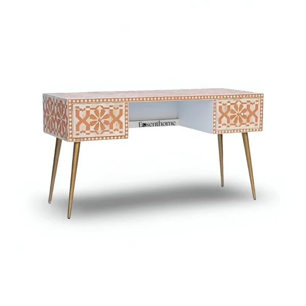 Bone Inlay Study Desk Orange Resin 2 Drawers - Image 2