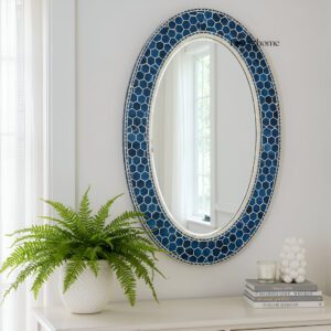 Oval Bone Inlay Mirror - Navy Blue