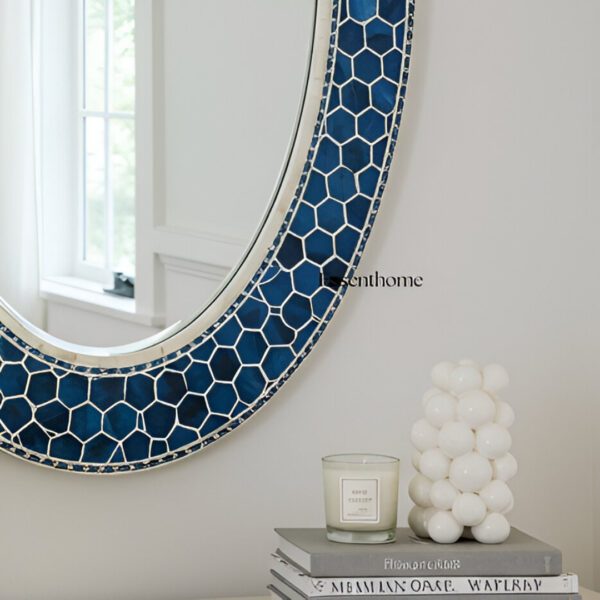 Oval Bone Inlay Mirror - Navy Blue - Image 2