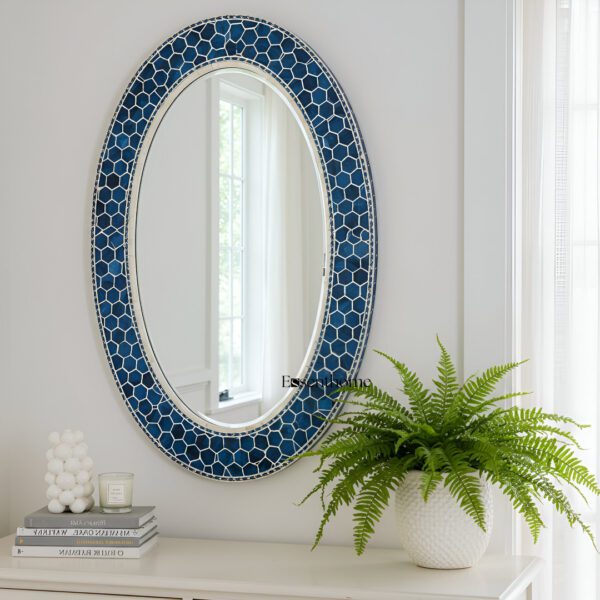 Oval Bone Inlay Mirror - Navy Blue - Image 4