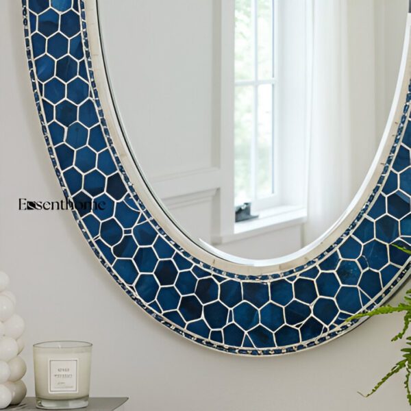 Oval Bone Inlay Mirror - Navy Blue - Image 5