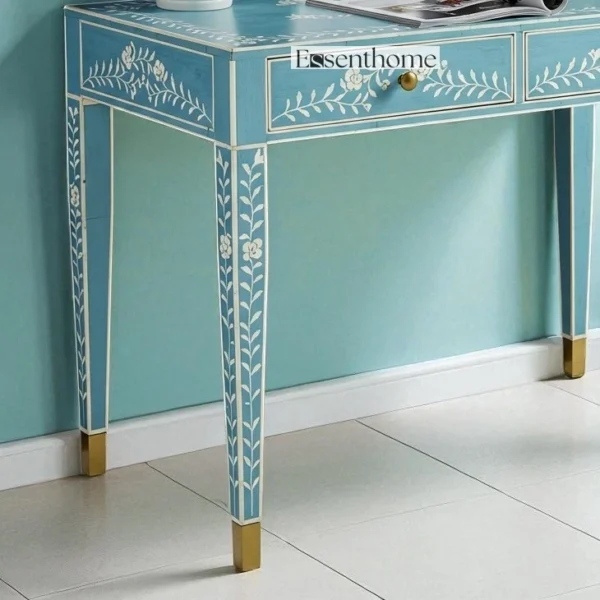 Blue Bone Inlay Console Table with White Leaf & Floral Pattern - Image 3