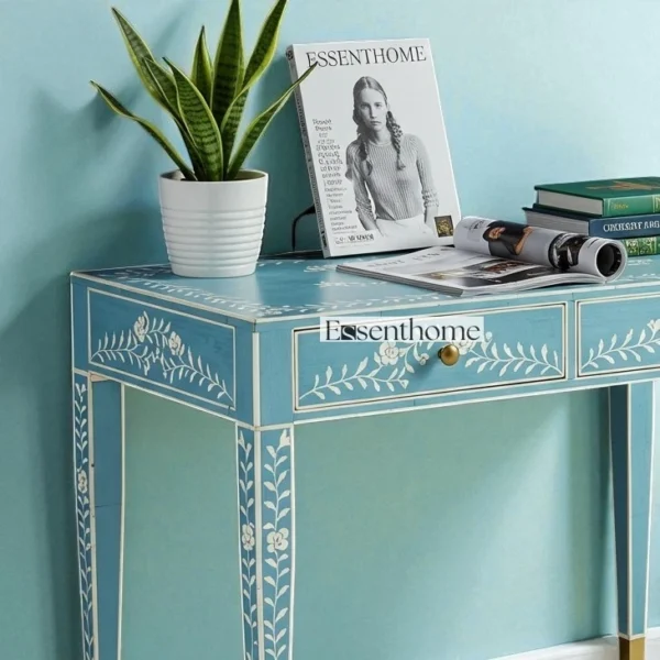 Blue Bone Inlay Console Table with White Leaf & Floral Pattern - Image 4
