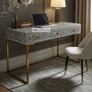 Bone Inlay Desk Black and White Botanical