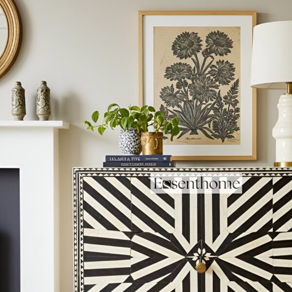Handmade Geometric Bone Inlay Chest | Black & White Chevron Dresser - Image 2