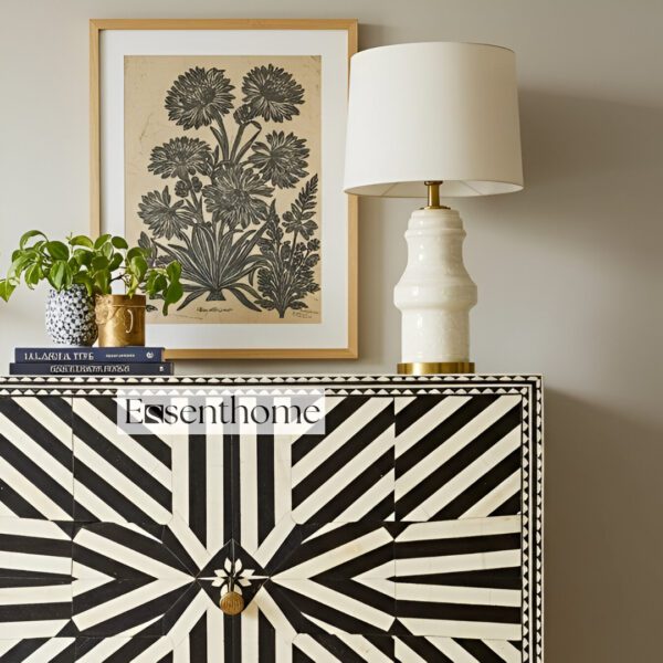 Handmade Geometric Bone Inlay Chest | Black & White Chevron Dresser - Image 3