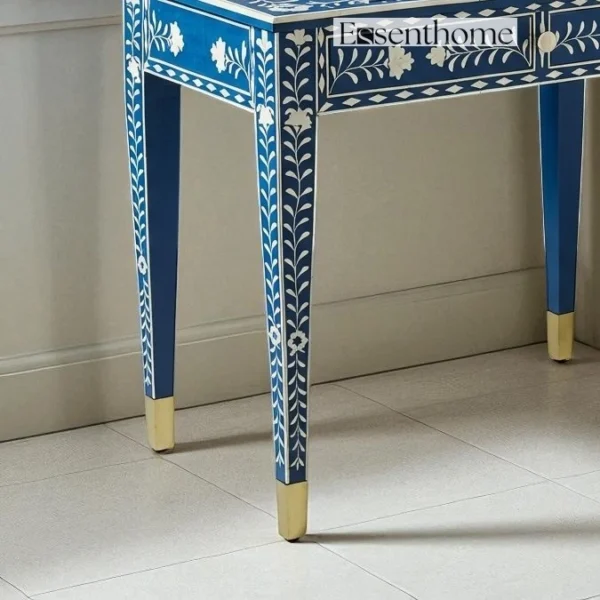 Bone Inlay Console Table – Deep Blue & Ivory Floral - Image 2
