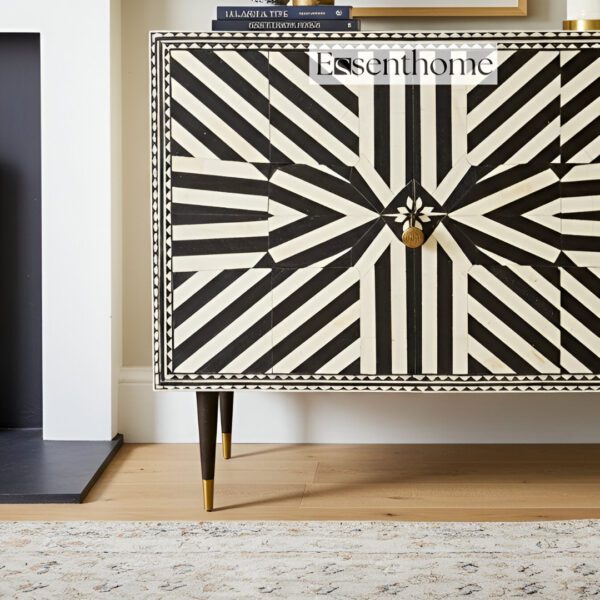 Handmade Geometric Bone Inlay Chest | Black & White Chevron Dresser - Image 4