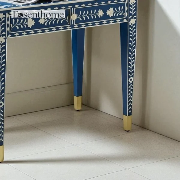 Bone Inlay Console Table – Deep Blue & Ivory Floral - Image 3