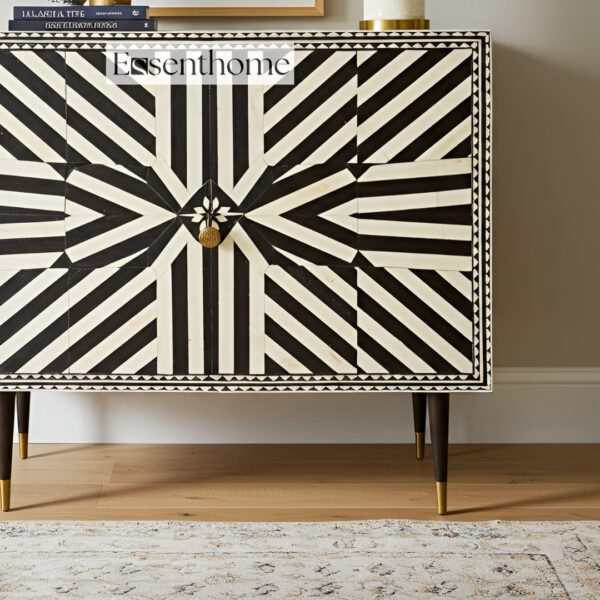 Handmade Geometric Bone Inlay Chest | Black & White Chevron Dresser - Image 5