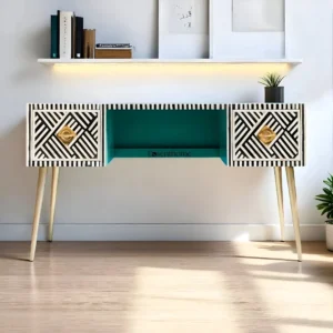 Bone Inlay Desk – Black Striped Pattern, 2 Drawers