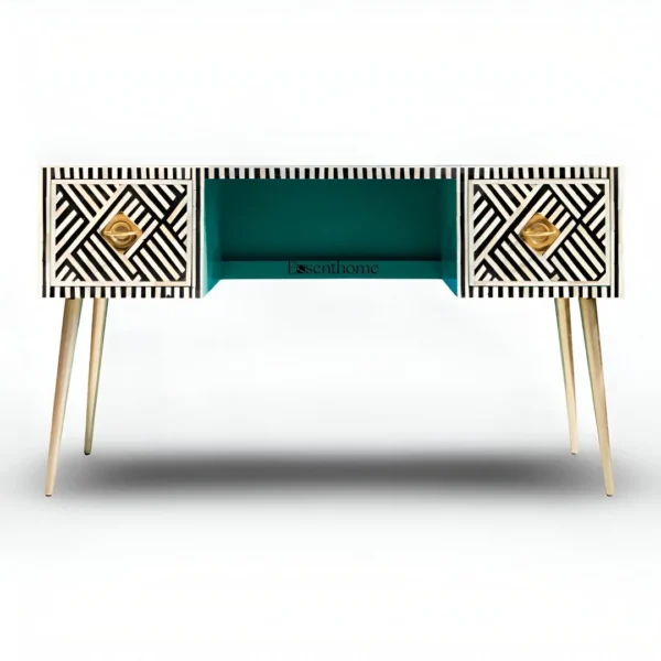 Bone Inlay Desk – Black Striped Pattern, 2 Drawers - Image 2
