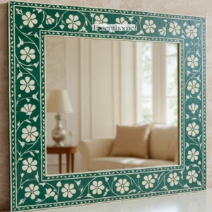 Handmade Green Floral Bone Inlay Mirror – Indian Decorative Frame