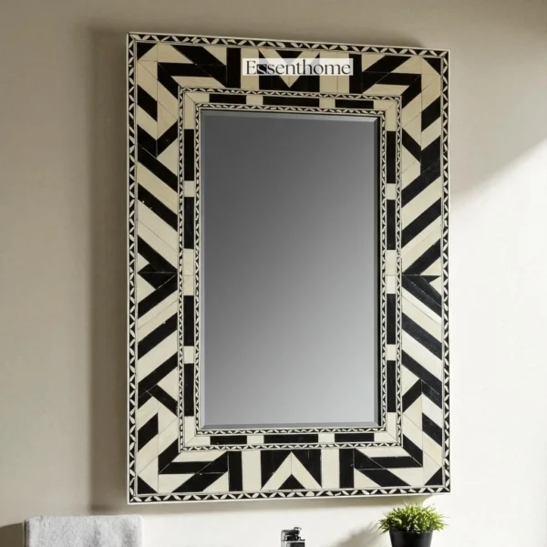 Handmade Bone Inlay Wall Mirror Chevron Pattern - Black and White