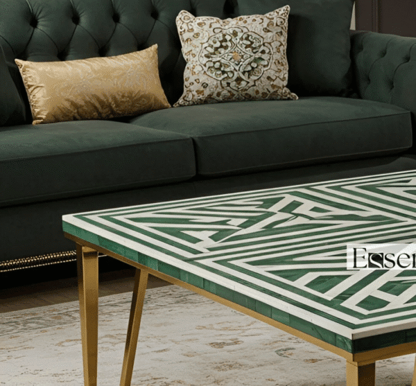 Bone inlay table - Green coffee table with brass leg - Image 3