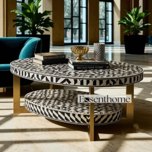 Handmade Bone Inlay Coffee Table - Geometric with Gold Legs