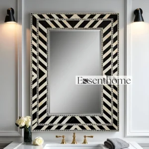 Handmade Black & White Bone Inlay Vanity Mirror - Striped Pattern