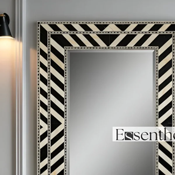 Handmade Black & White Bone Inlay Vanity Mirror - Striped Pattern - Image 2