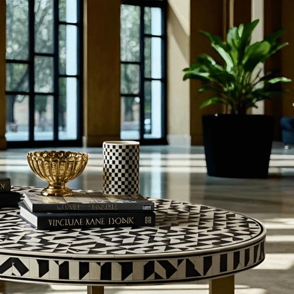 Handmade Bone Inlay Coffee Table - Geometric with Gold Legs - Image 4