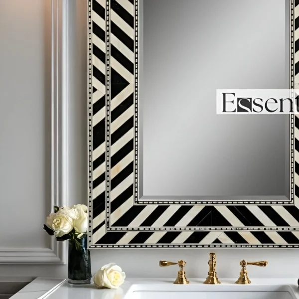 Handmade Black & White Bone Inlay Vanity Mirror - Striped Pattern - Image 3