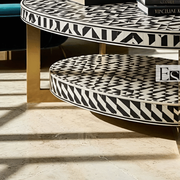 Handmade Bone Inlay Coffee Table - Geometric with Gold Legs - Image 5